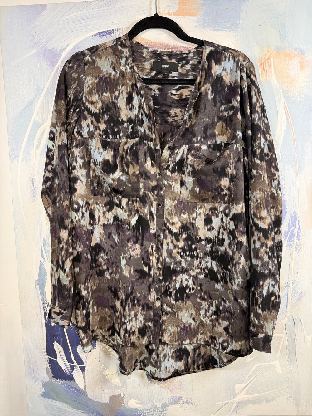 Massimo Abstract Ikat Print Blouse Brown Purple Button Front Long Sleeve Boho M